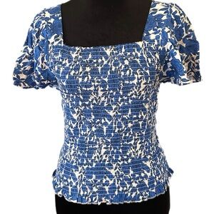 Japna Blue and White Floral Smocked Blouse